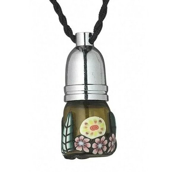 Fimo Polymer Clay Funky Flowers Amber Glass Perfume Bottle Necklace (1) - Picture 1 of 2